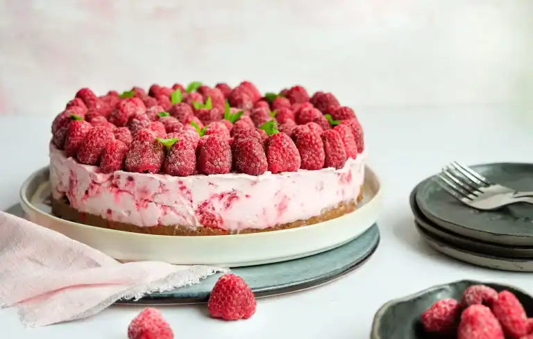 Himbeer-Käsekuchen mit frischen Himbeeren auf einem Teller.