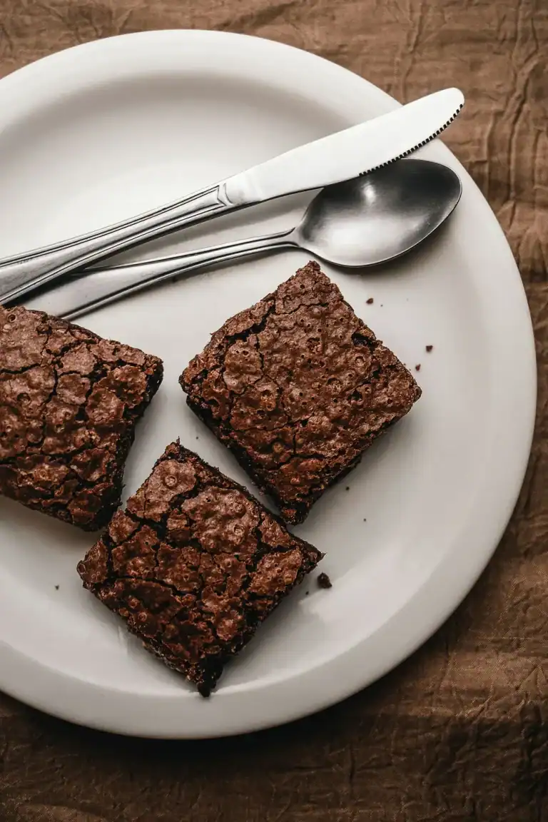 Drei Stücke Schokoladenkuchen auf weißem Teller mit Besteck.