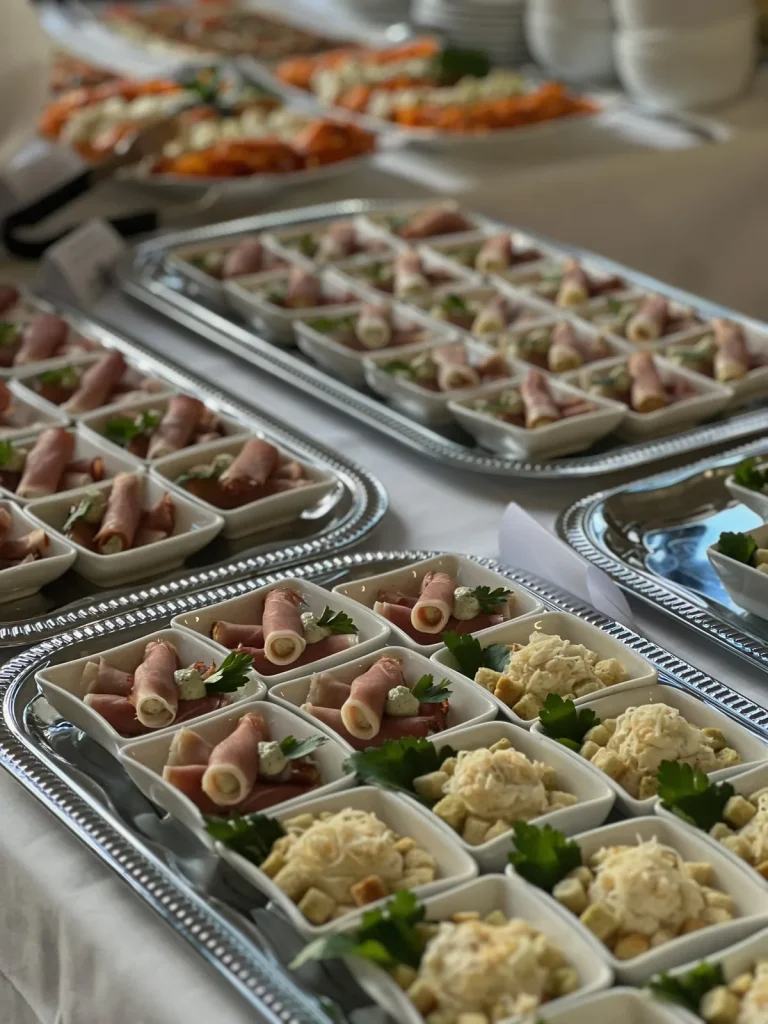 Tapas in kleinen Schalen: Schinkenröllchen und Salate
